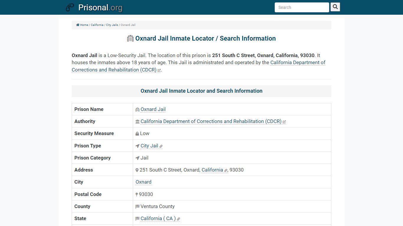 Oxnard Jail-Inmate Locator/Search Info, Phone, Fax, Email ...